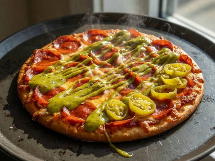 Pepperoni pizza with a green-gold peperoncini drizzle and pickled peppers