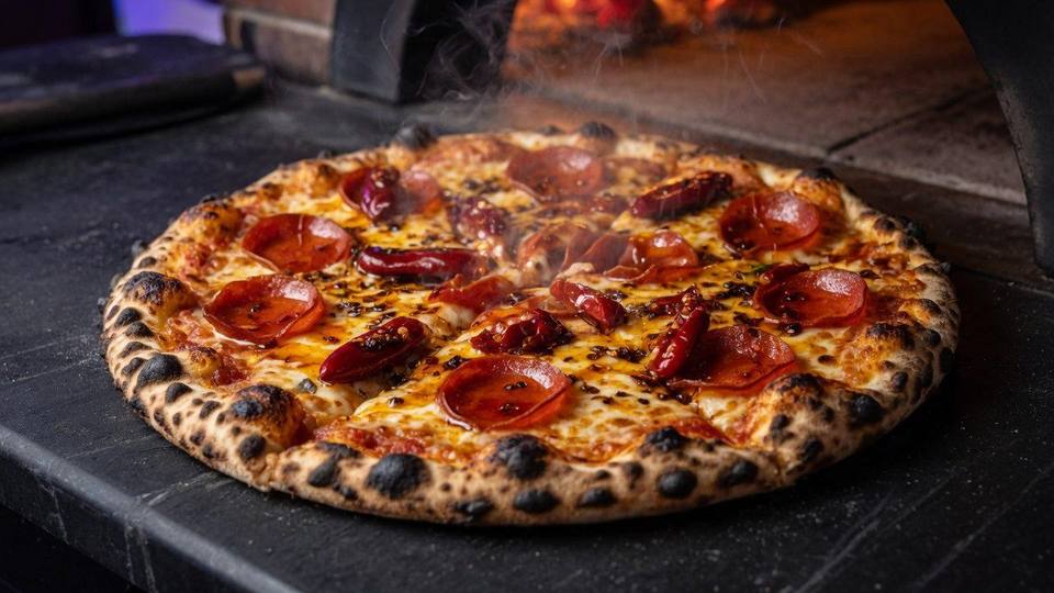 Wood-fired pepperoni pizza with Calabrian chilies and chili oil, steam rising at the oven