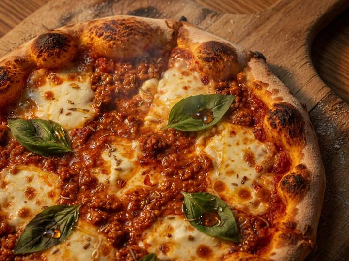 Fiery red nduja pizza with melted mozzarella and basil